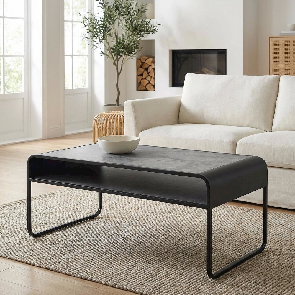 Concrete Gray and Black Coffee Table with Industrial Design and Metal Frame