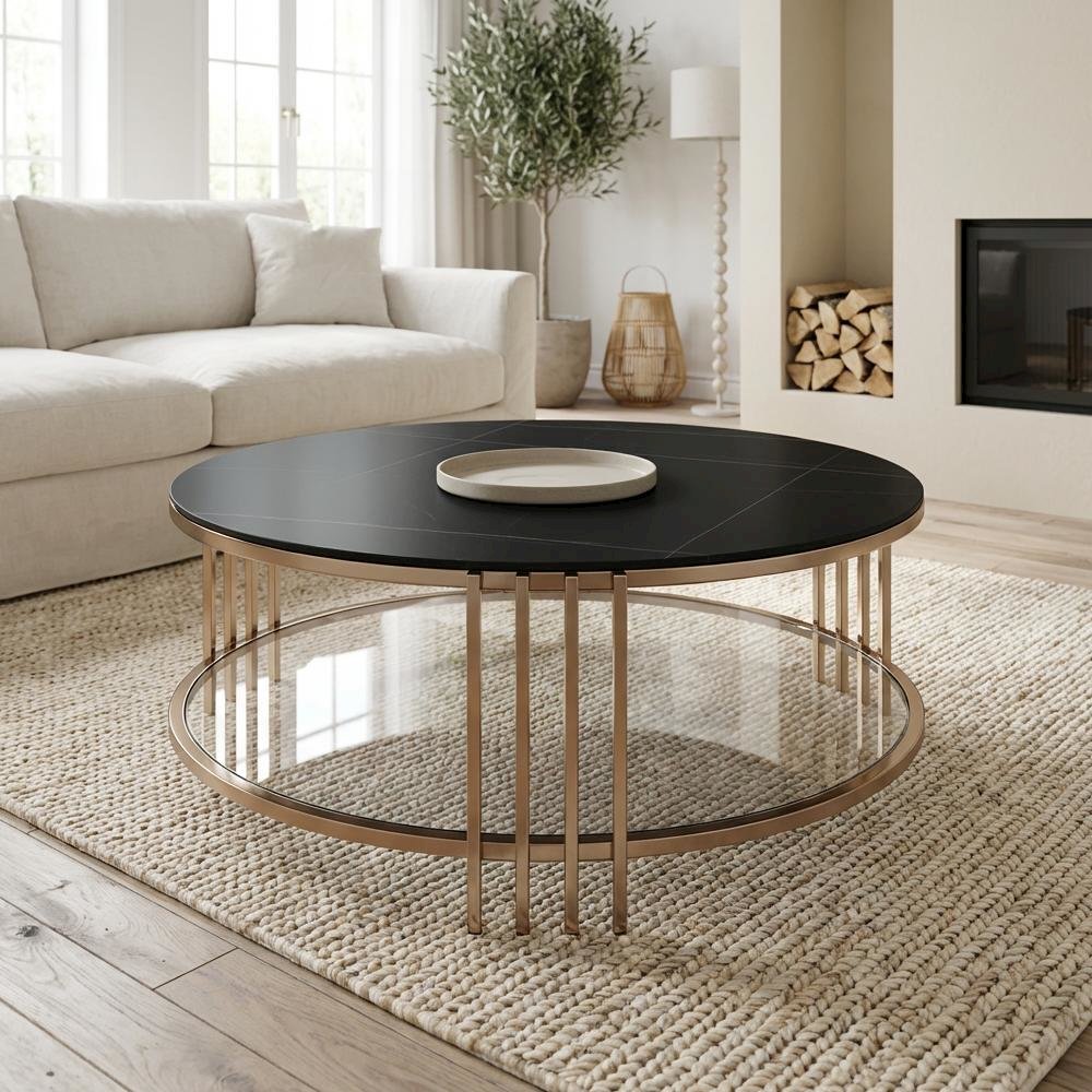 Coffee Table, Champagne Finish and Durable Sintered Stone Top Solid Construction