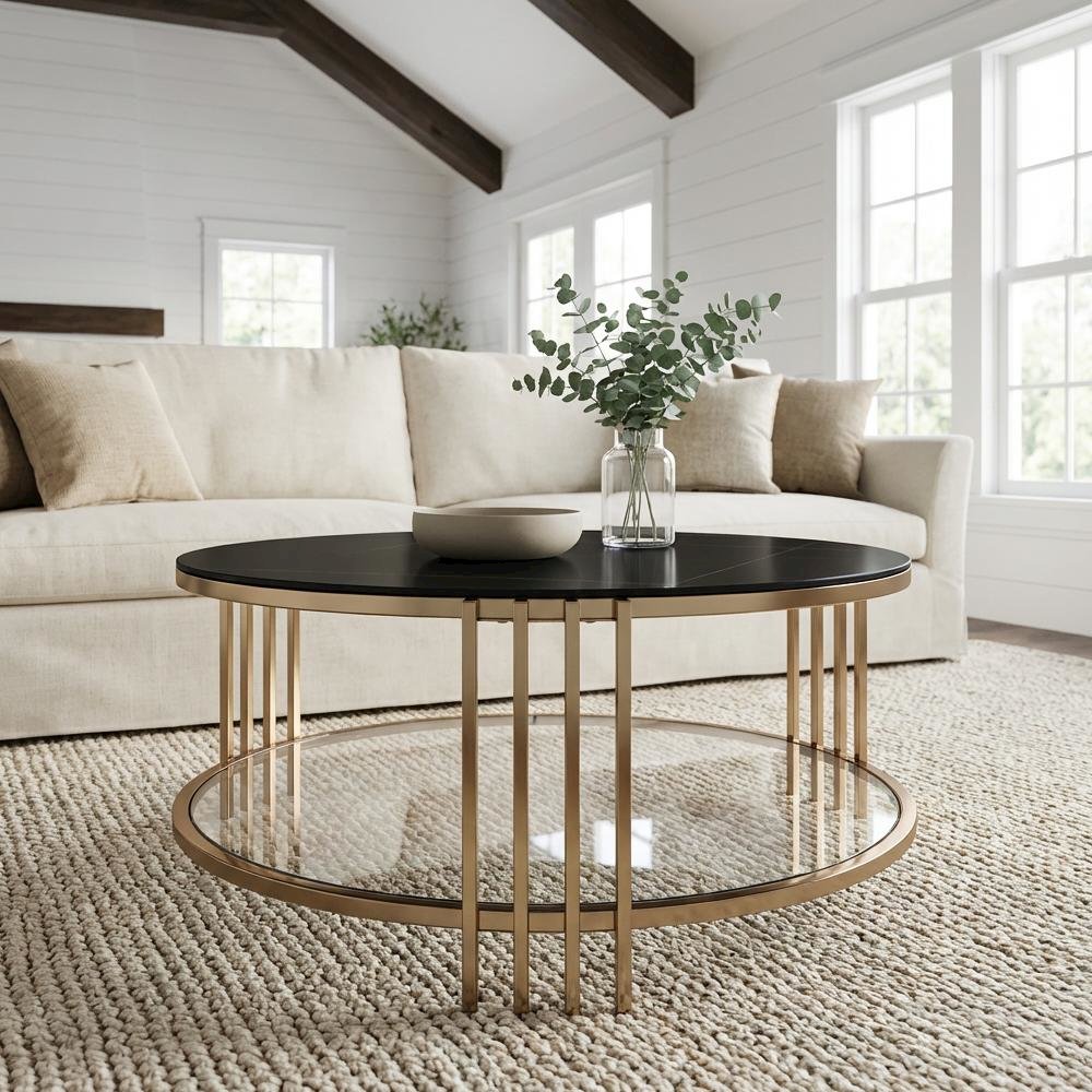 Coffee Table, Champagne Finish and Durable Sintered Stone Top Solid Construction