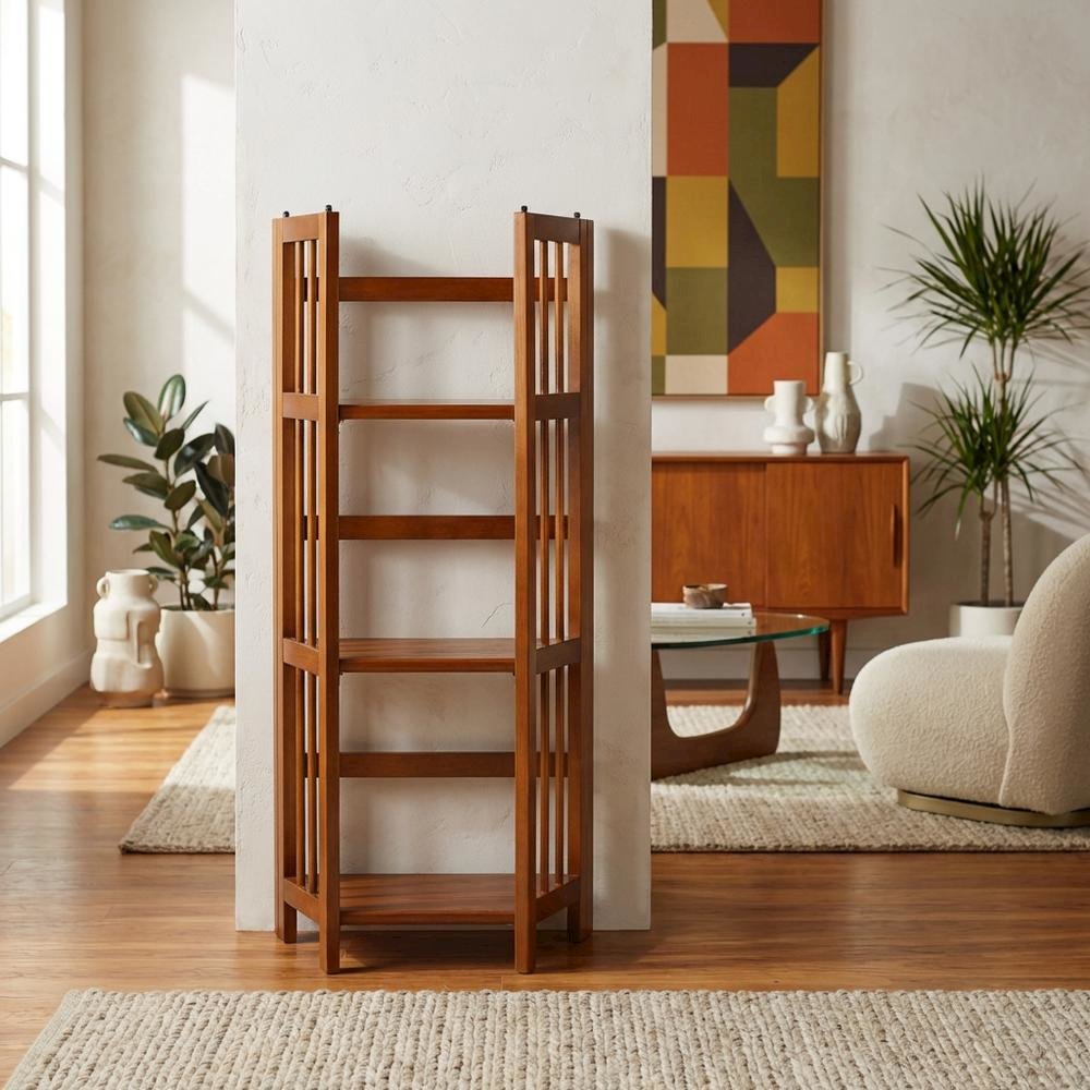 Brown Honey Oak Folding Bookshelf with Foldable Shelf Frame and 3 Fixed Tiers