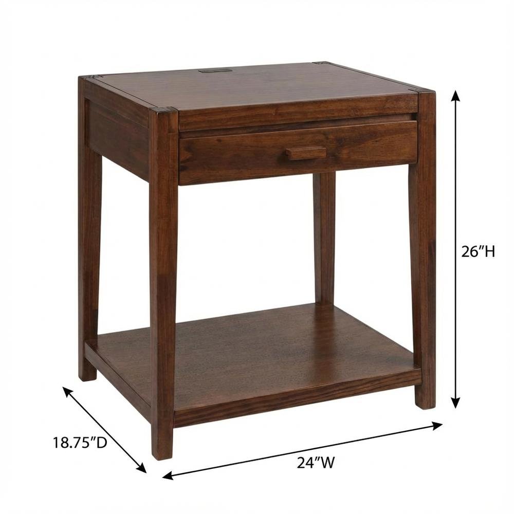 Warm Brown Nightstand with Usb Port and Solid Wood Construction