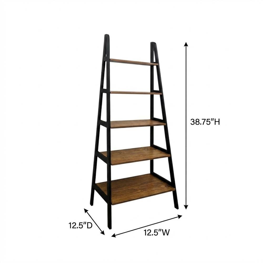 Rustic Brown and Black 5-Shelf Ladder Bookcase with Sturdy Frame