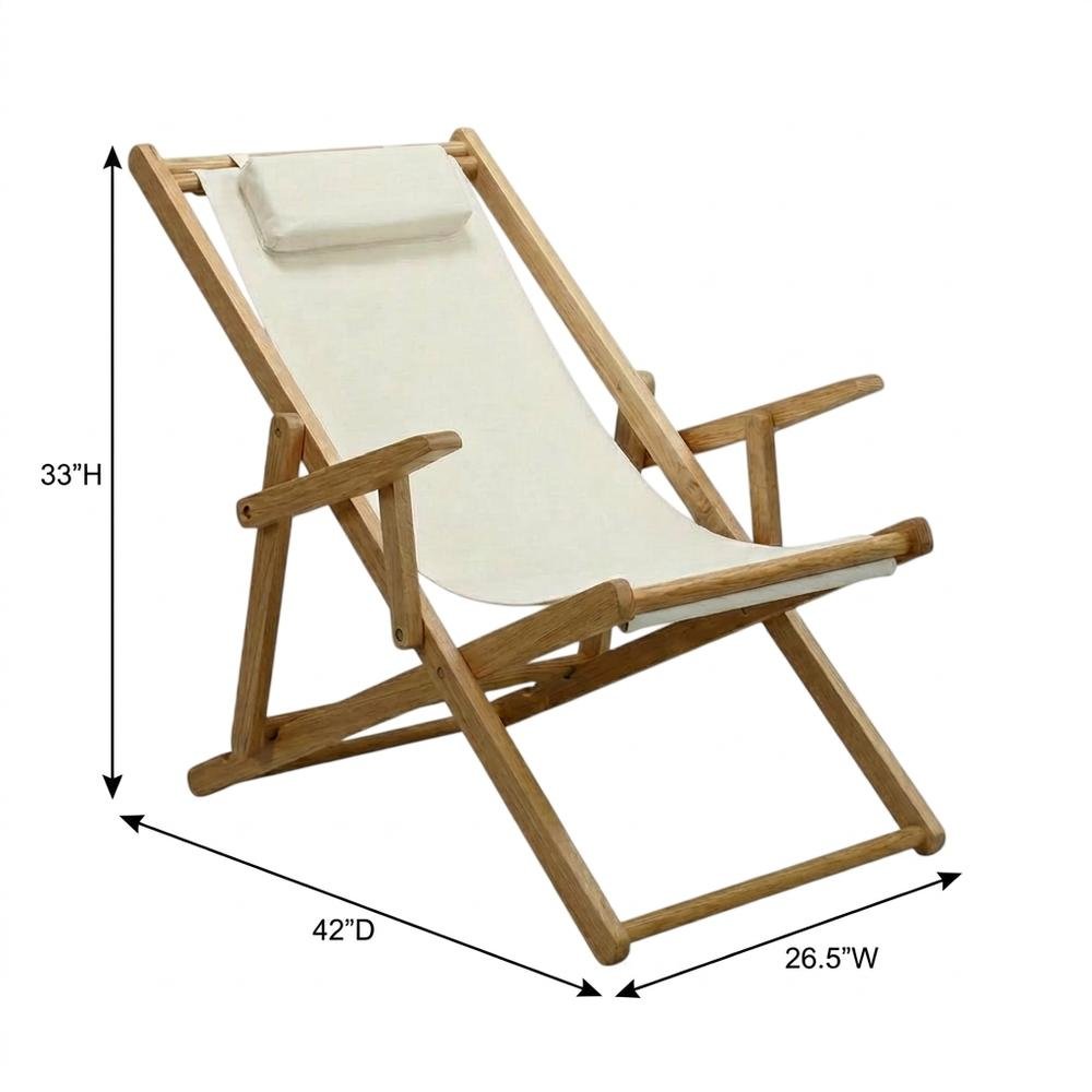 Beige Sling Chair, Natural Wood Frame, Folding Outdoor Accent