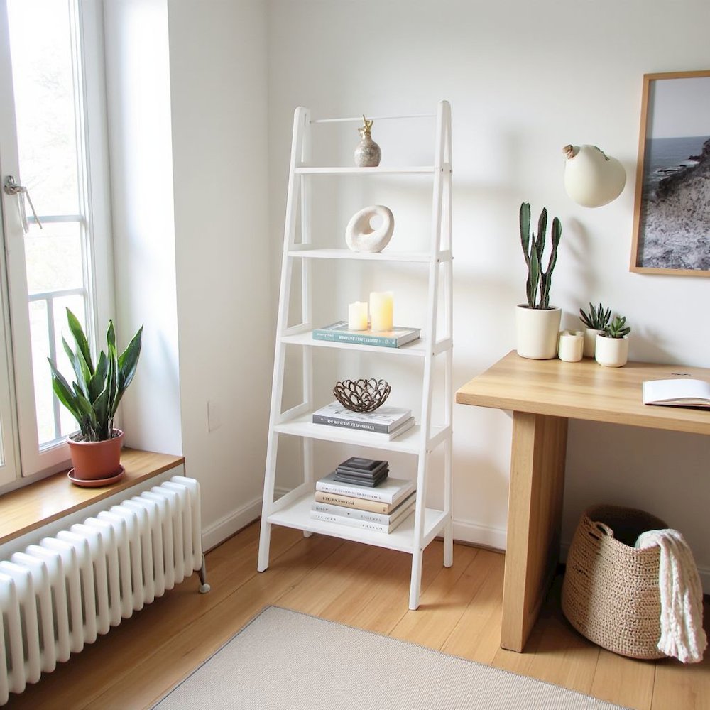 White Ladder Shelf with 5 Tiers, Solid Wood Frame and Decorative Design