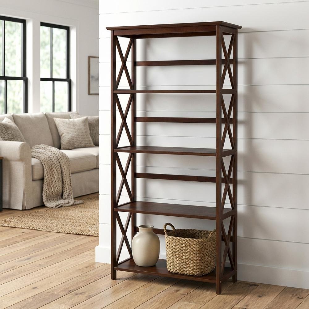 Wooden Bookcase with Open Shelves and Sturdy Frame for Home Office