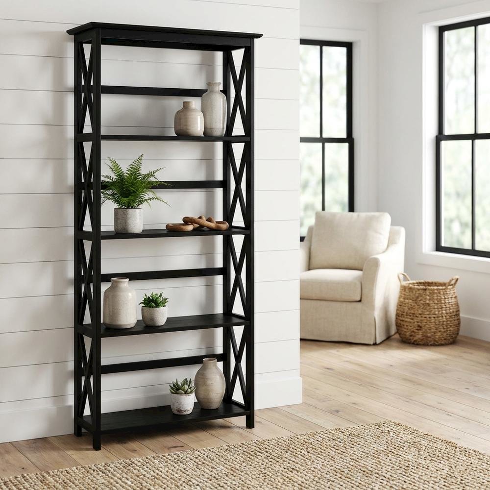 Simple Wooden Bookcase in Finish with Adjustable Shelves