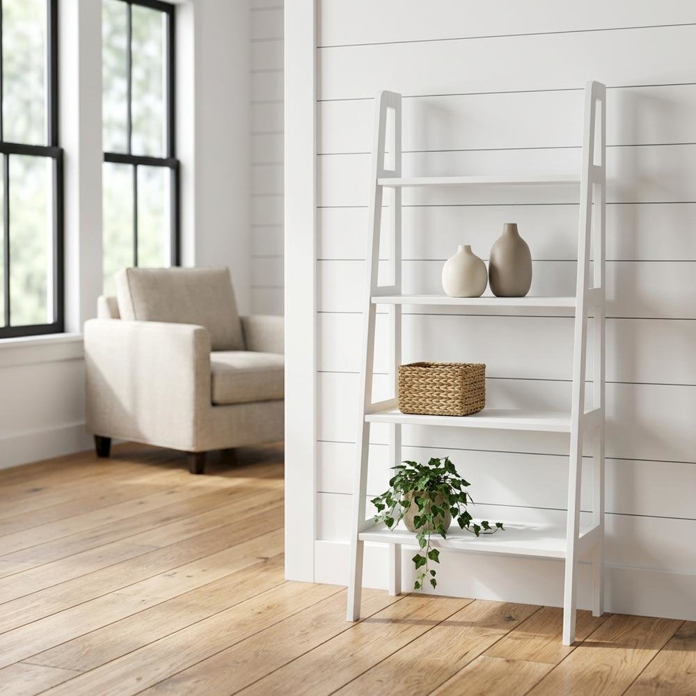 White 4-Shelf Ladder Bookcase with Spacious Storage