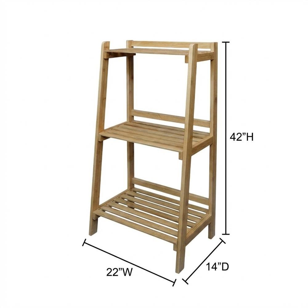 Wooden Slatted 3-Shelf Ladder Bookcase with Solid American Gum Finish