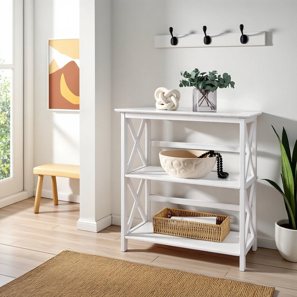 White 3 Tier Bookshelf with Solid Wood Frame and X-Design Style