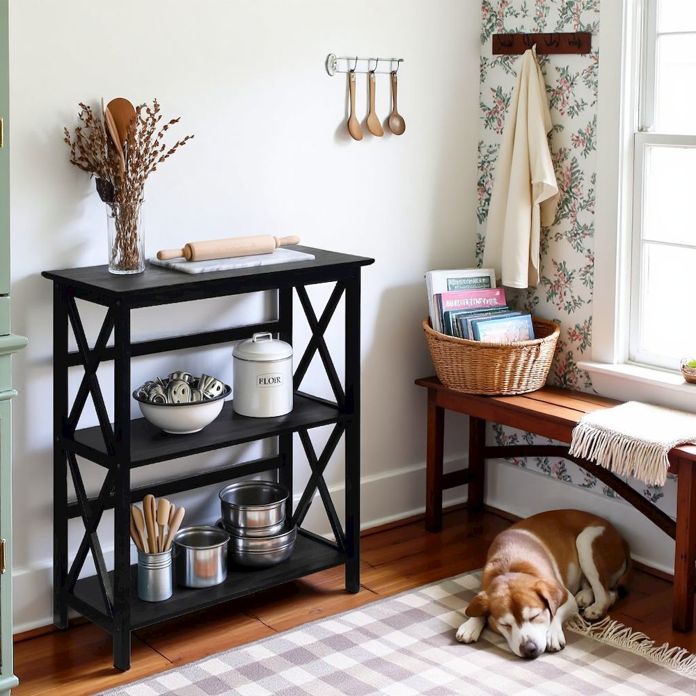 Black 3 Tier Bookshelf with Solid Wood Frame and X-Design Style