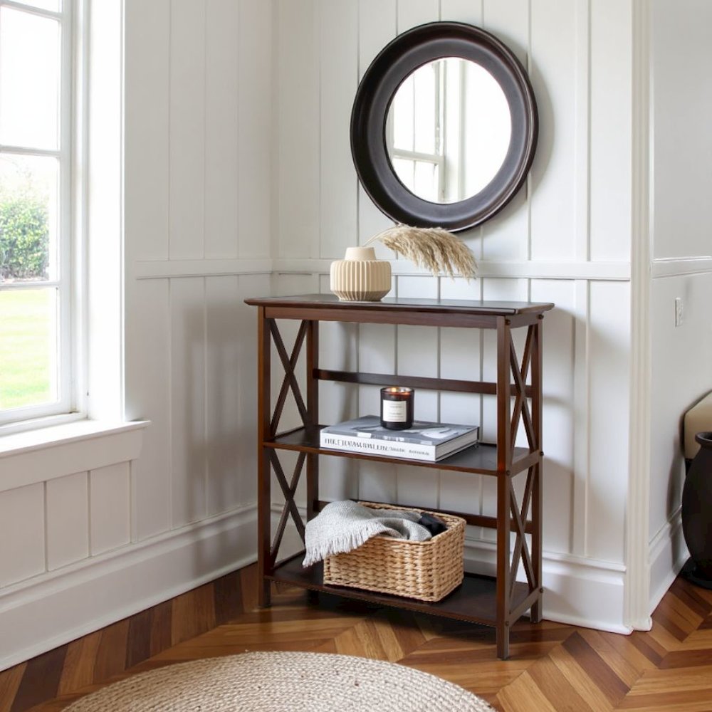 Walnut Brown 3 Tier Bookshelf with Solid Wood Frame and X-Design Style