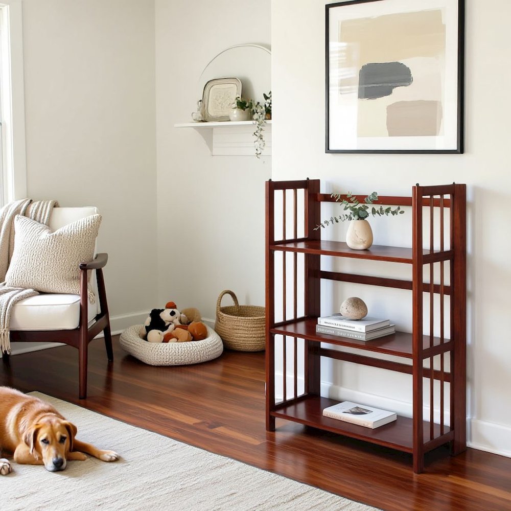 Mahogany Foldable Bookshelf with Solid Wood Frame and 3 Shelves