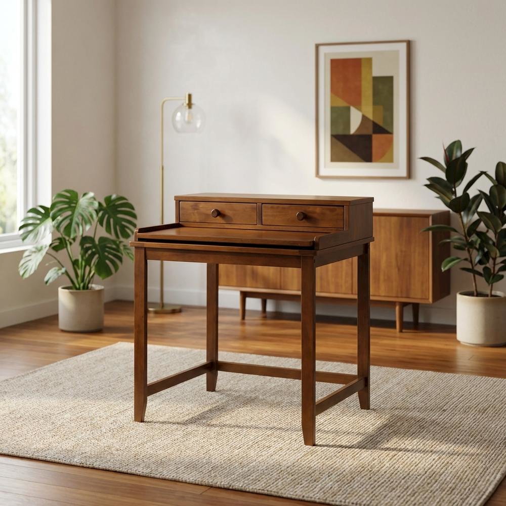 Mid Century Modern Wooden Computer Desk with Drawers and Hidden Compartment
