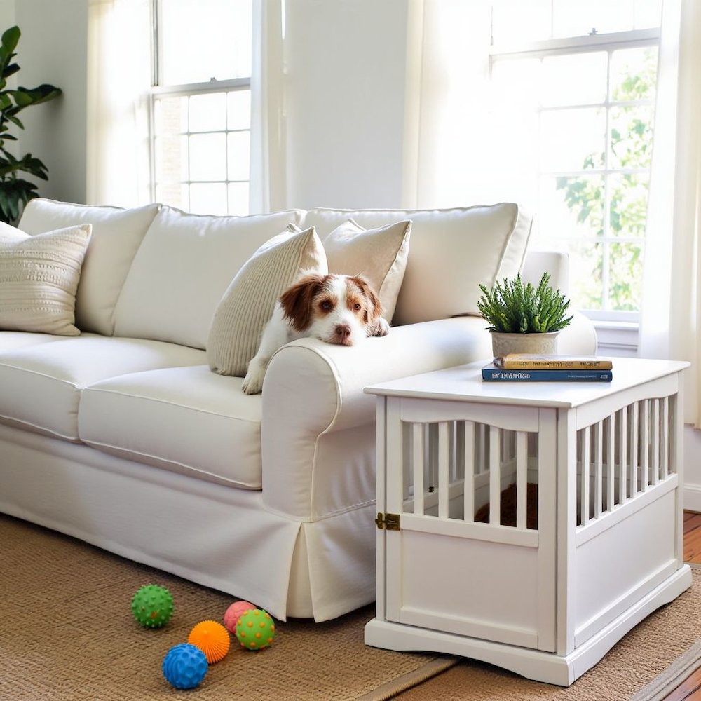 White Dog Kennel Furniture with Lockable Gate, Solid Wood Crate Table