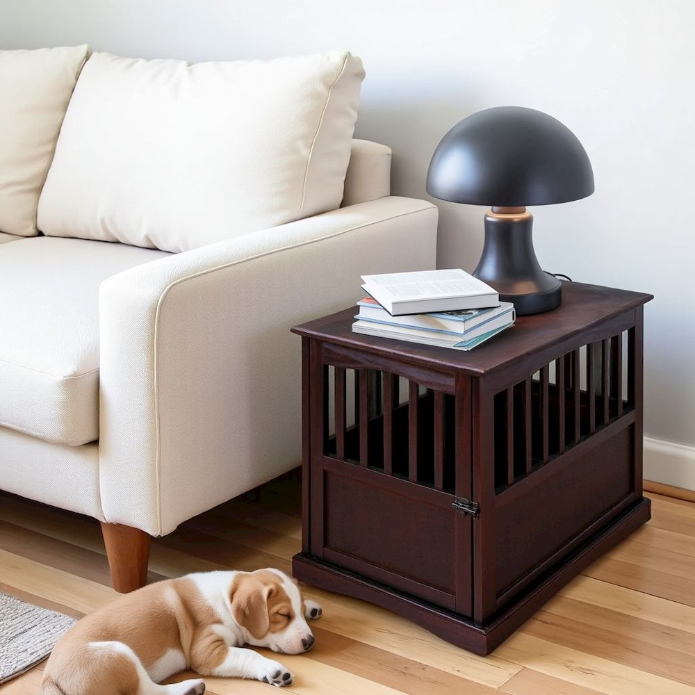 Brown Dog Kennel Furniture with Gate, Solid Wood Dog Crate End Table