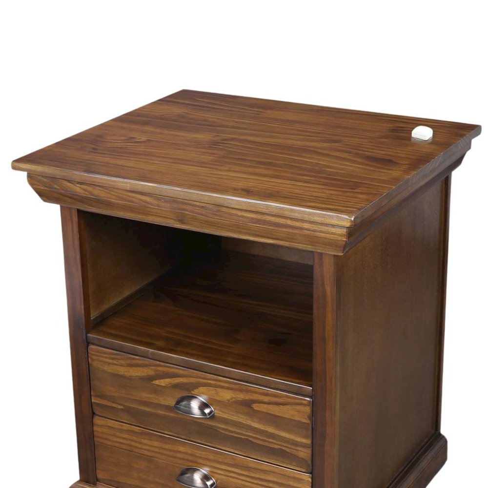 Mocha Brown Wooden Nightstand with Hidden Compartment, 2 Drawers and Open Shelf