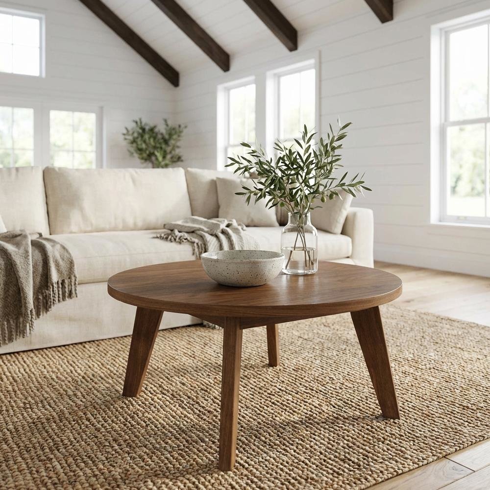Walnut Round Coffee Table with Solid American Gum Top and Durable Base