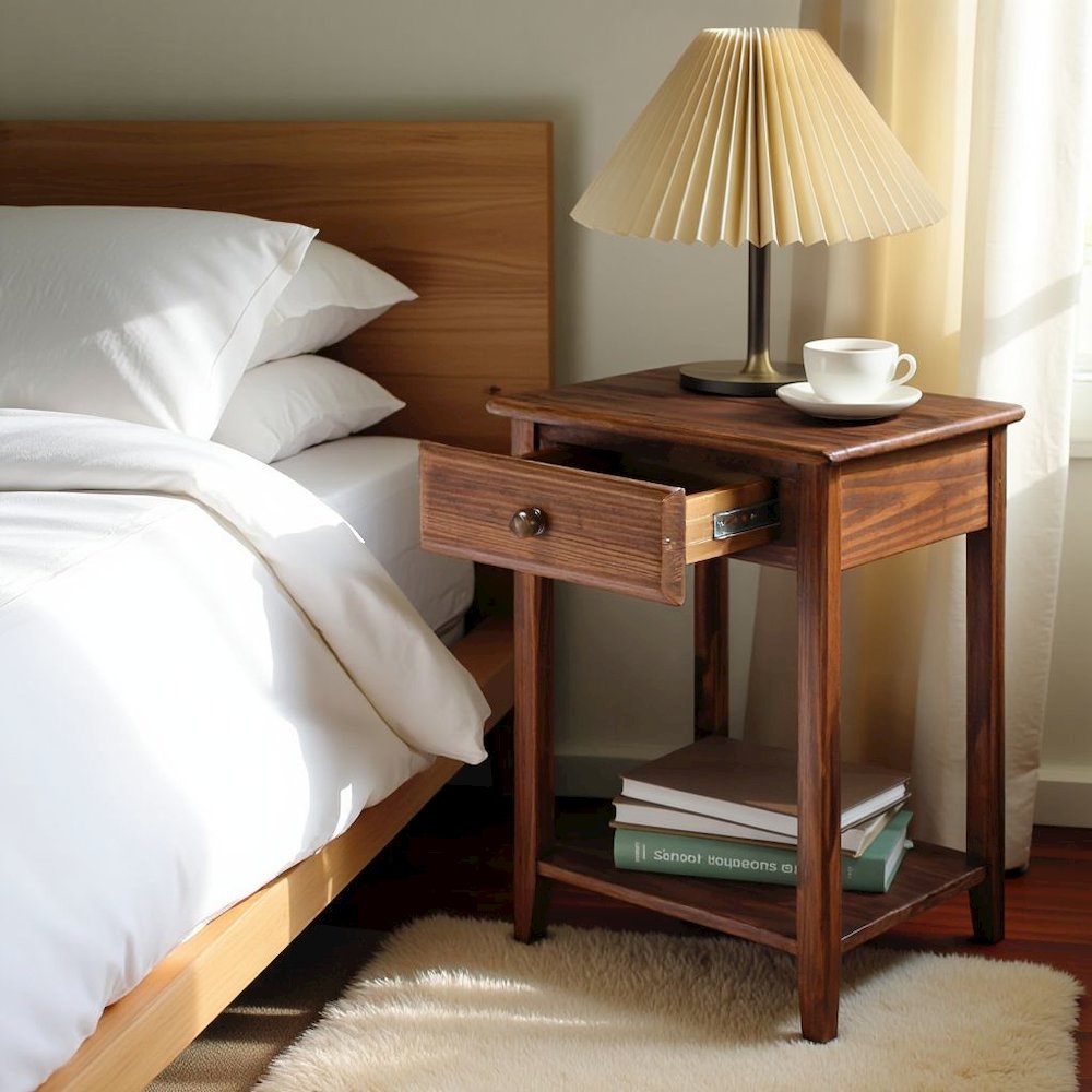 Warm Brown Real Wood Night Stand with Drawer, Open Shelf and USB Charging Ports