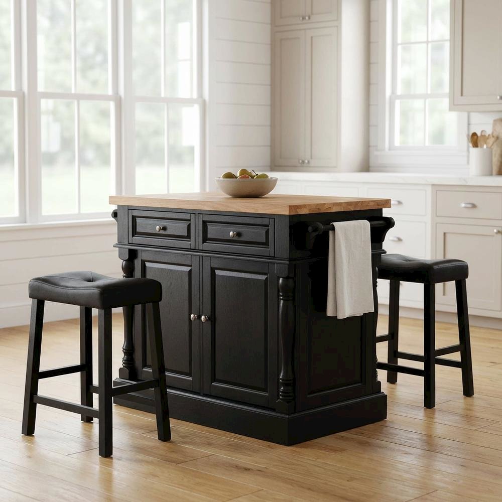 Black Kitchen Island with Upholstered Saddle Stools and Anti-Tip Safety