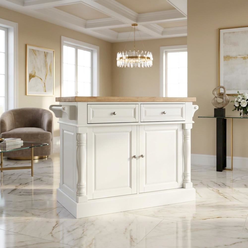 White kitchen island with butcher block top and anti-tip safety feature