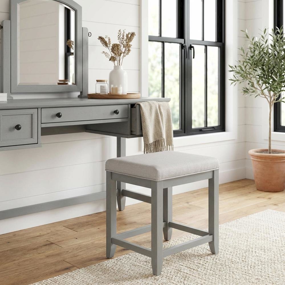 Gray Vanity Stool with Padded Seat and Modern Design