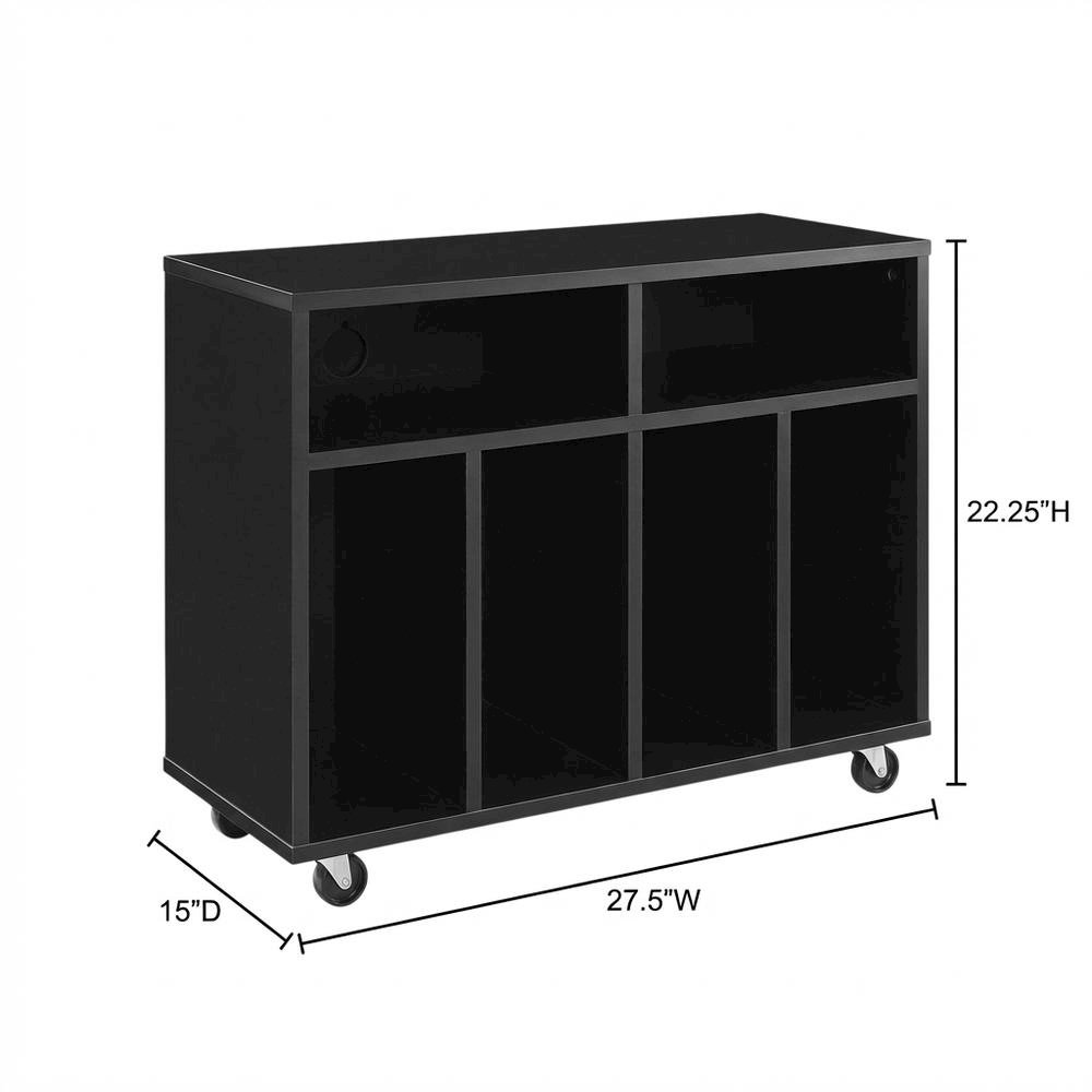 Wooden record player stand with vinyl storage and sleek design