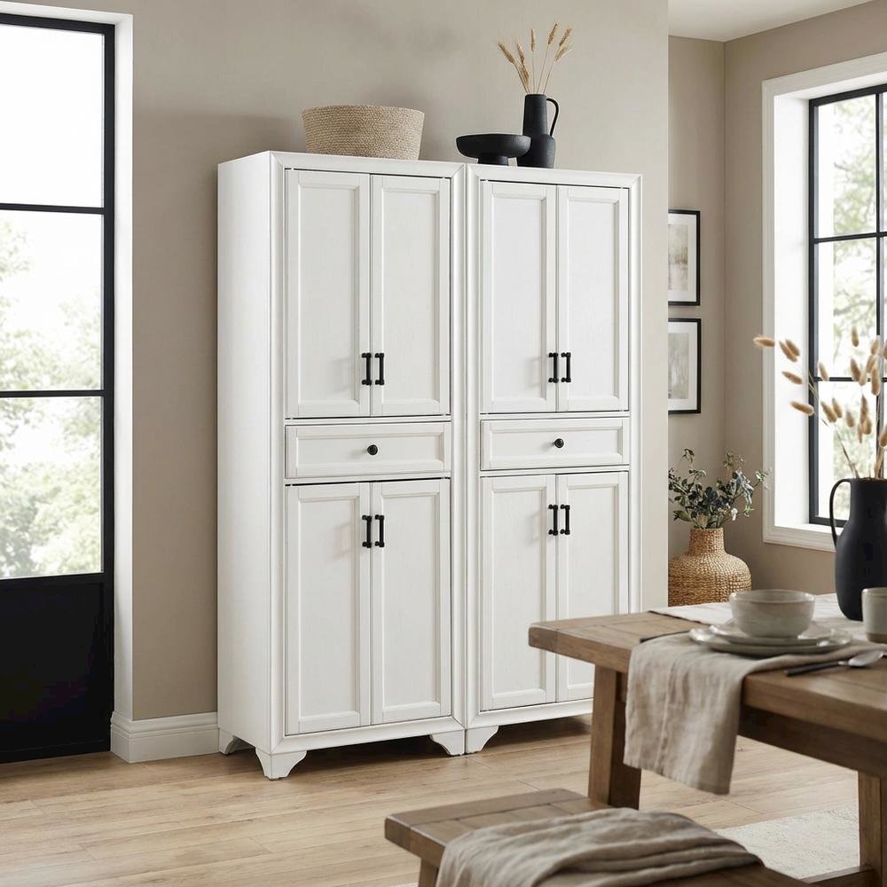 Distressed White Pantry Cabinets with Anti-Tip Mechanism and Floor Clearance