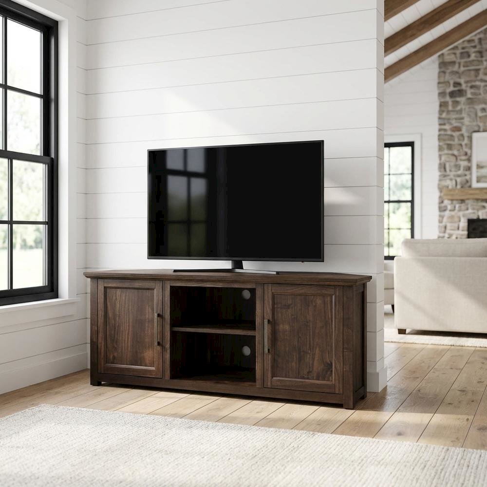 Corner TV Stand for 65+ Inch TVs in Black Wood Finish with Storage