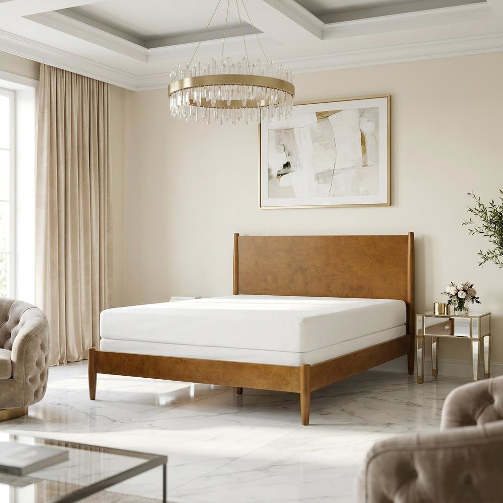 Platform bed with acorn finish, includes headboard, footboard, and rails