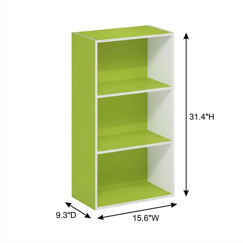 Green 3-Tier Open Shelf Bookcase with Wood Construction for Living Room Storage