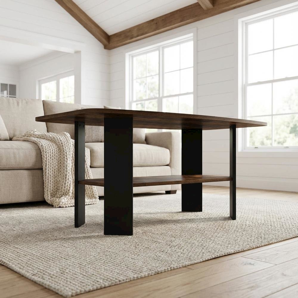 Amber Pine and Black Coffee Table with Minimalist Design and Durable Finish