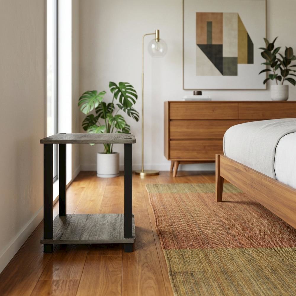 French Oak and Black Wood Nightstand with Compact Design for Bedroom Storage