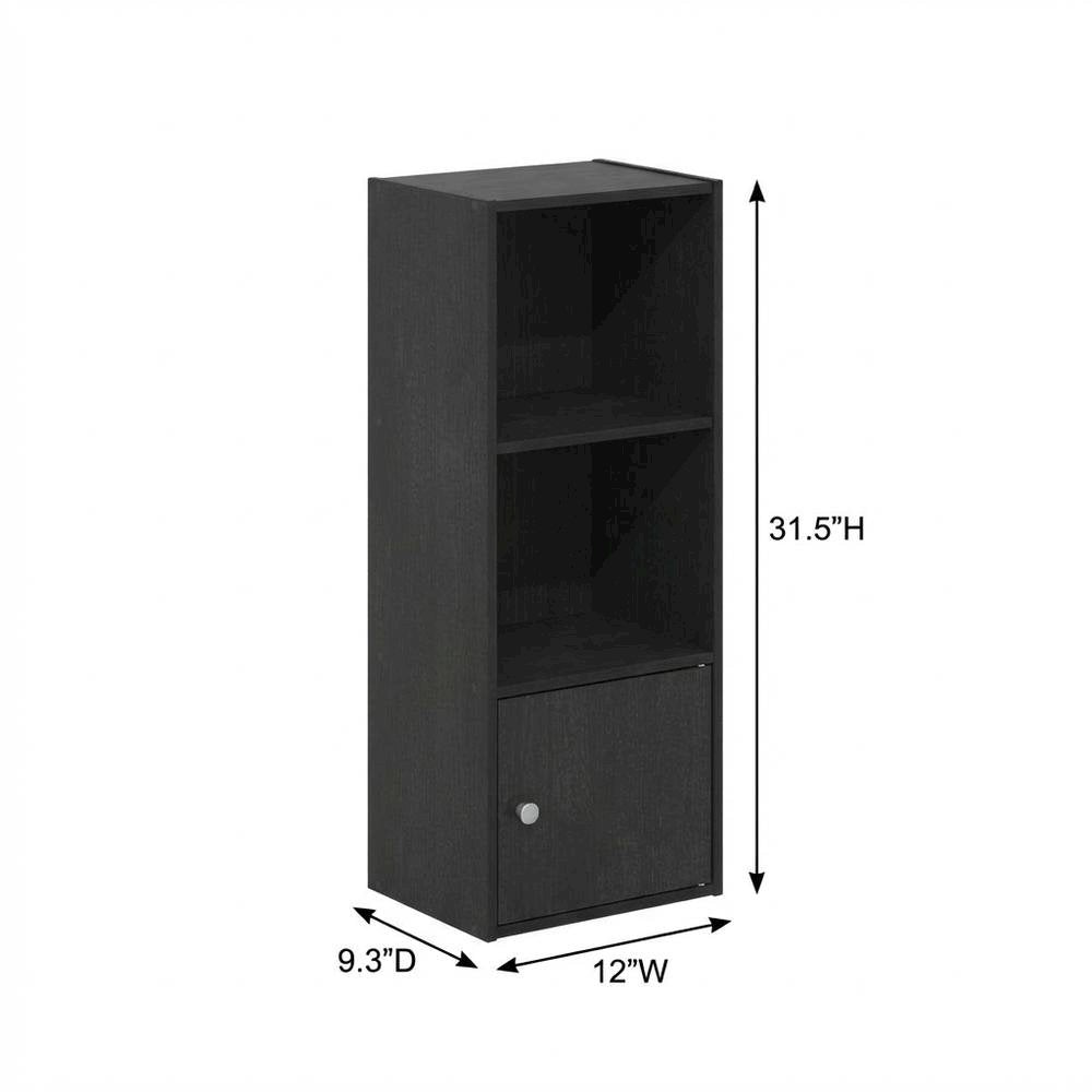 Black 3-Tier Bookcase with Door Storage and Wood Finish