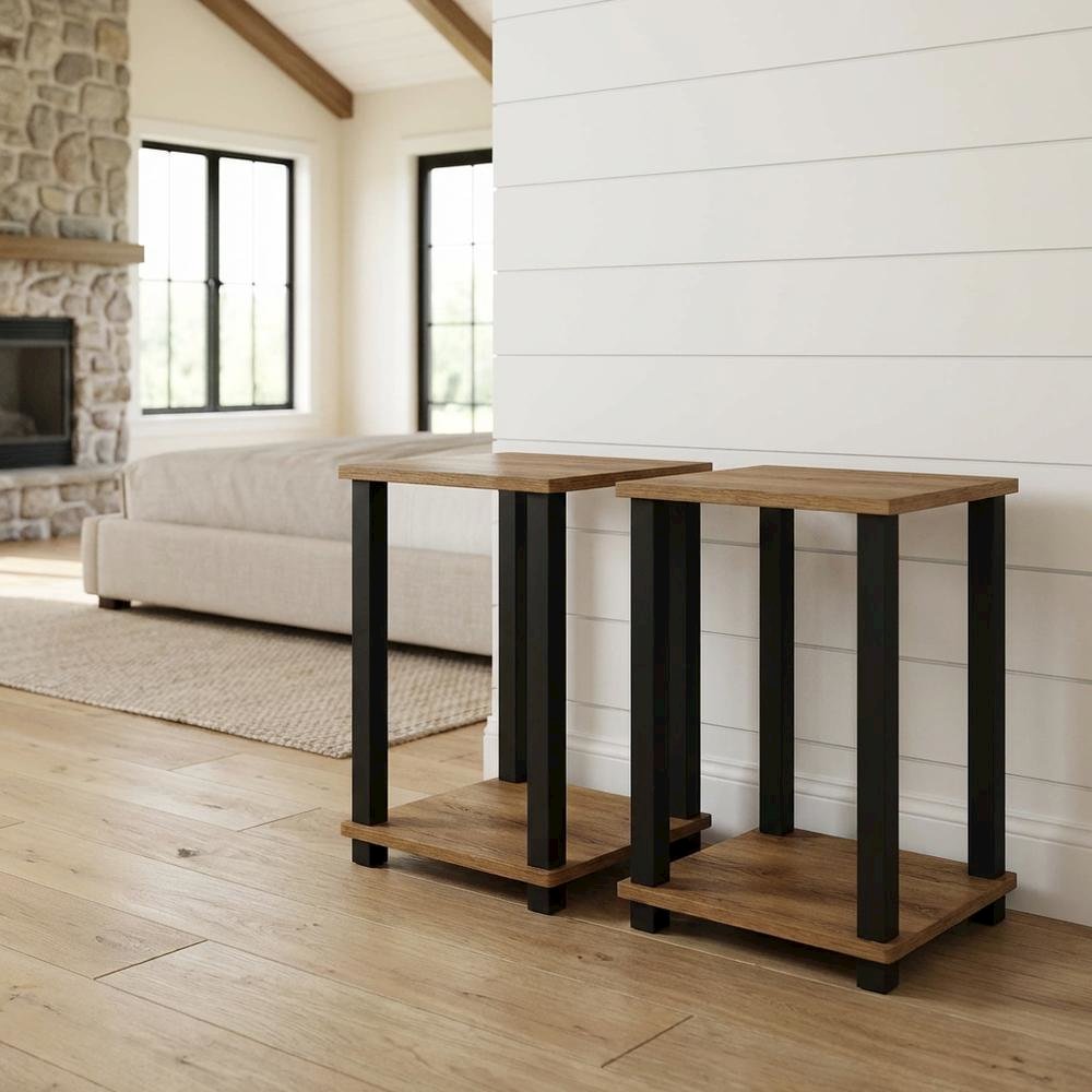 French Oak and Black Nightstand Set with Wooden Finish