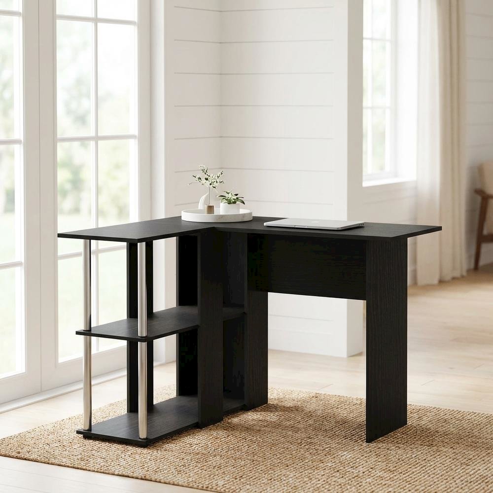 L-Shape Desk, Bookshelf, Americano Finish, Steel Tubes, Modern Workspace