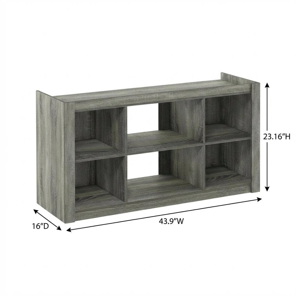 Wooden TV stand, open shelves, storage compartments, French Oak Grey finish