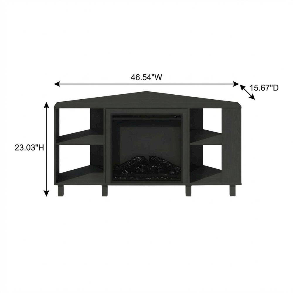Brown electric fireplace corner TV stand with storage and media center features