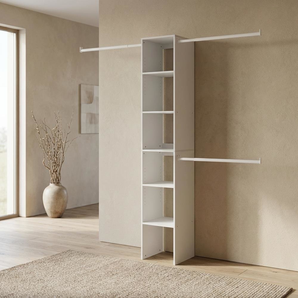 White Storage Shelf Tower with 3 Hanging Bars, 82 Inch Tall, Closet