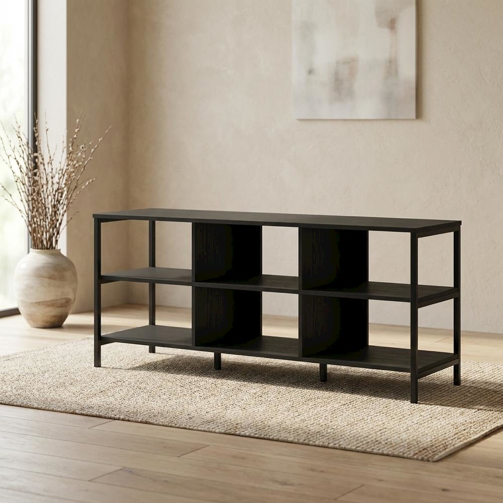 Modern black TV stand with open shelves for entertainment centers