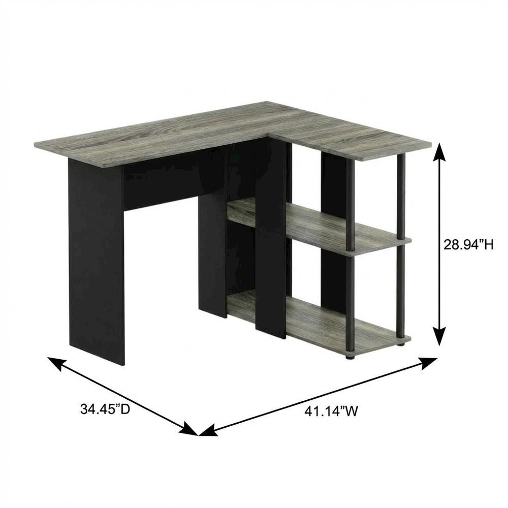 L-Shape Desk with Bookshelf, French Oak Grey/Black, Modern Computer Workstation