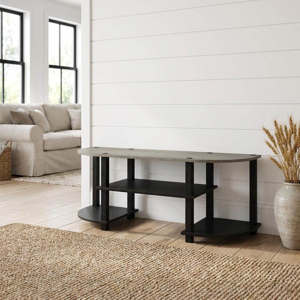 Wide TV entertainment center in French Oak Grey, black, wood, PVC tubes