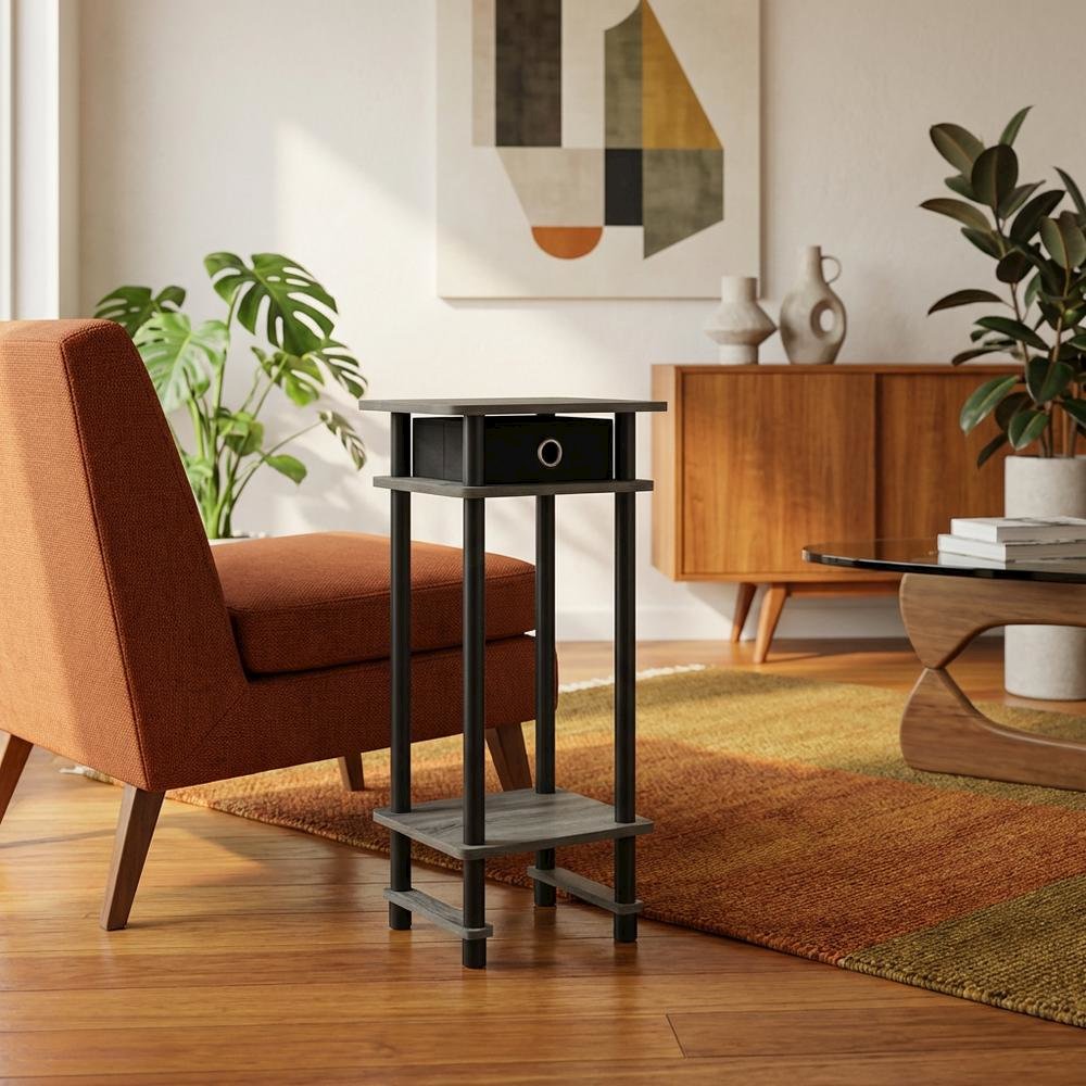 French Oak Grey and Black Tall End Table with Storage Bin