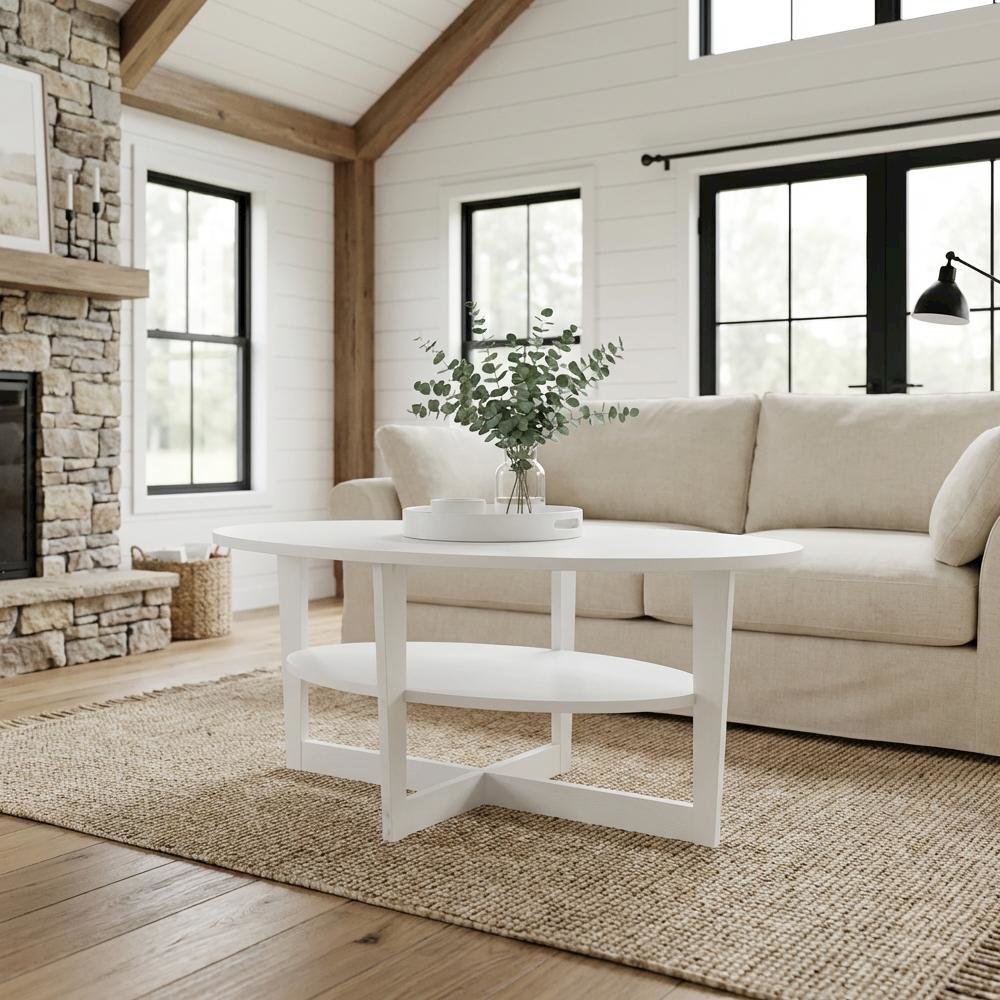 White Oval Coffee Table with Smooth Surface and Sturdy Construction JAYA