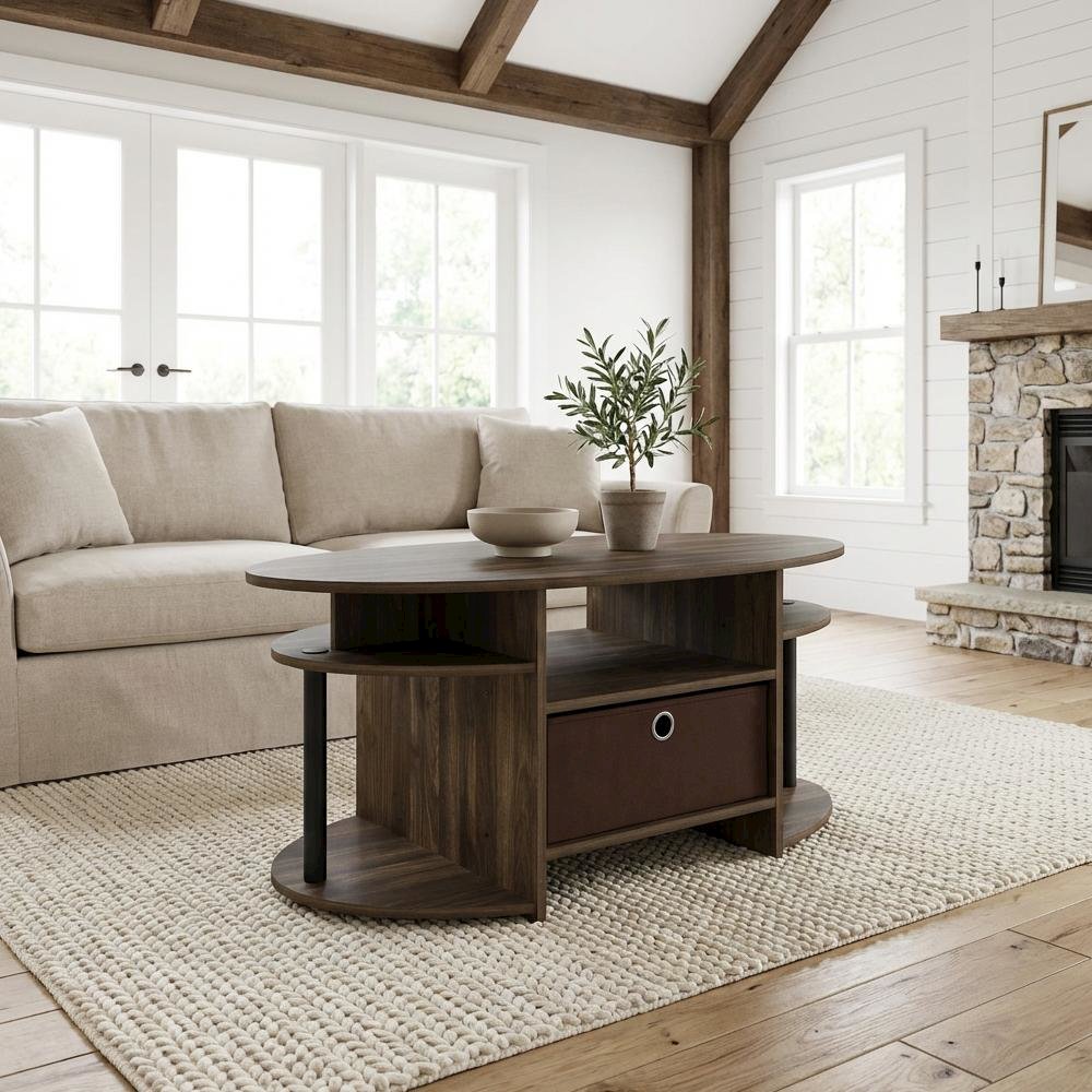 Oval Coffee Table Columbia Walnut Black with Simple Design and Sturdy Legs