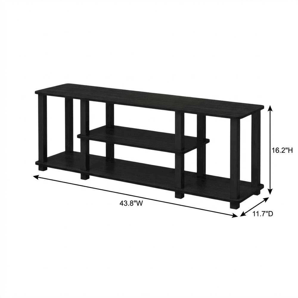Black wood TV stand, 3-tier design, square tube frame, entertainment setup