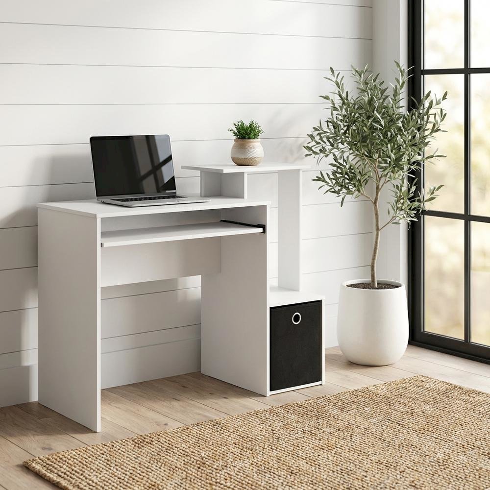 White, Black multipurpose computer desk with storage bin, home office workspace