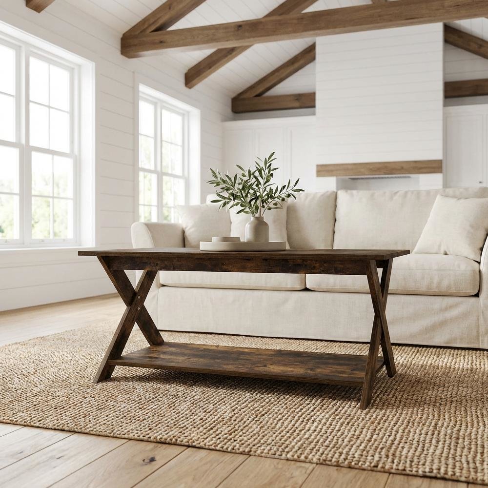Amber Pine Coffee Table with Criss-Crossed Frame and Modern Minimalist Design