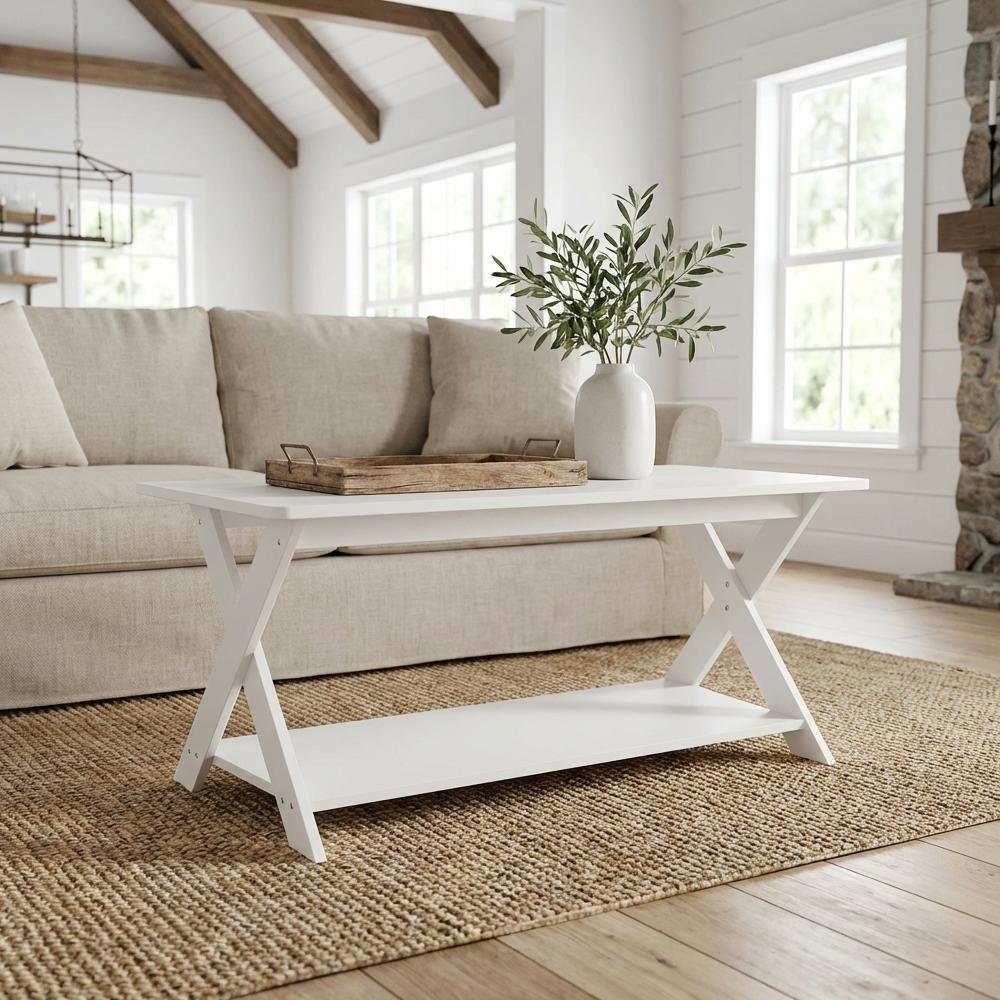 White Modern Simplistic Coffee Table with Criss-Crossed Base