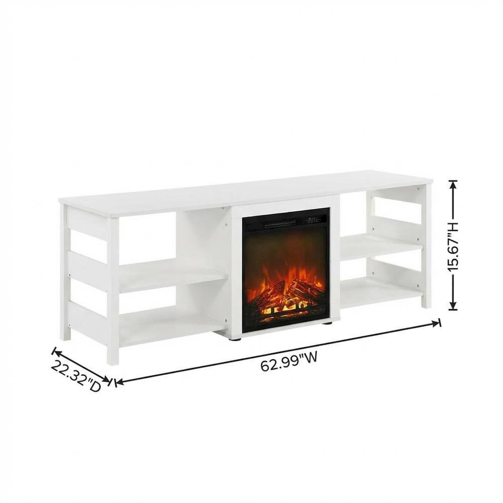 White Emboss TV Stand with Fireplace and Wooden Finish