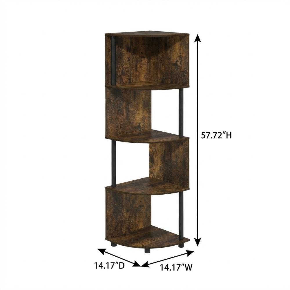 Amber Pine and Black 4-Tier Zigzag Corner Shelf Bookcase, Multi-Level Storage